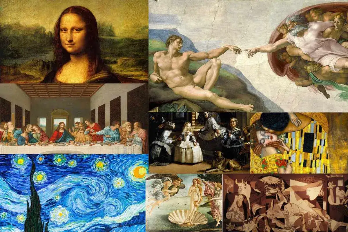 Collage of the 10 most famous paintings: Mona Lisa, The Last Supper, The Creation of Adam, Starry Night, The Kiss, and others.