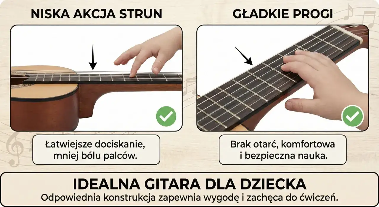 Idealna gitara dla dzieci: niska akcja strun i gładkie progi ułatwiają naukę i chronią palce.
