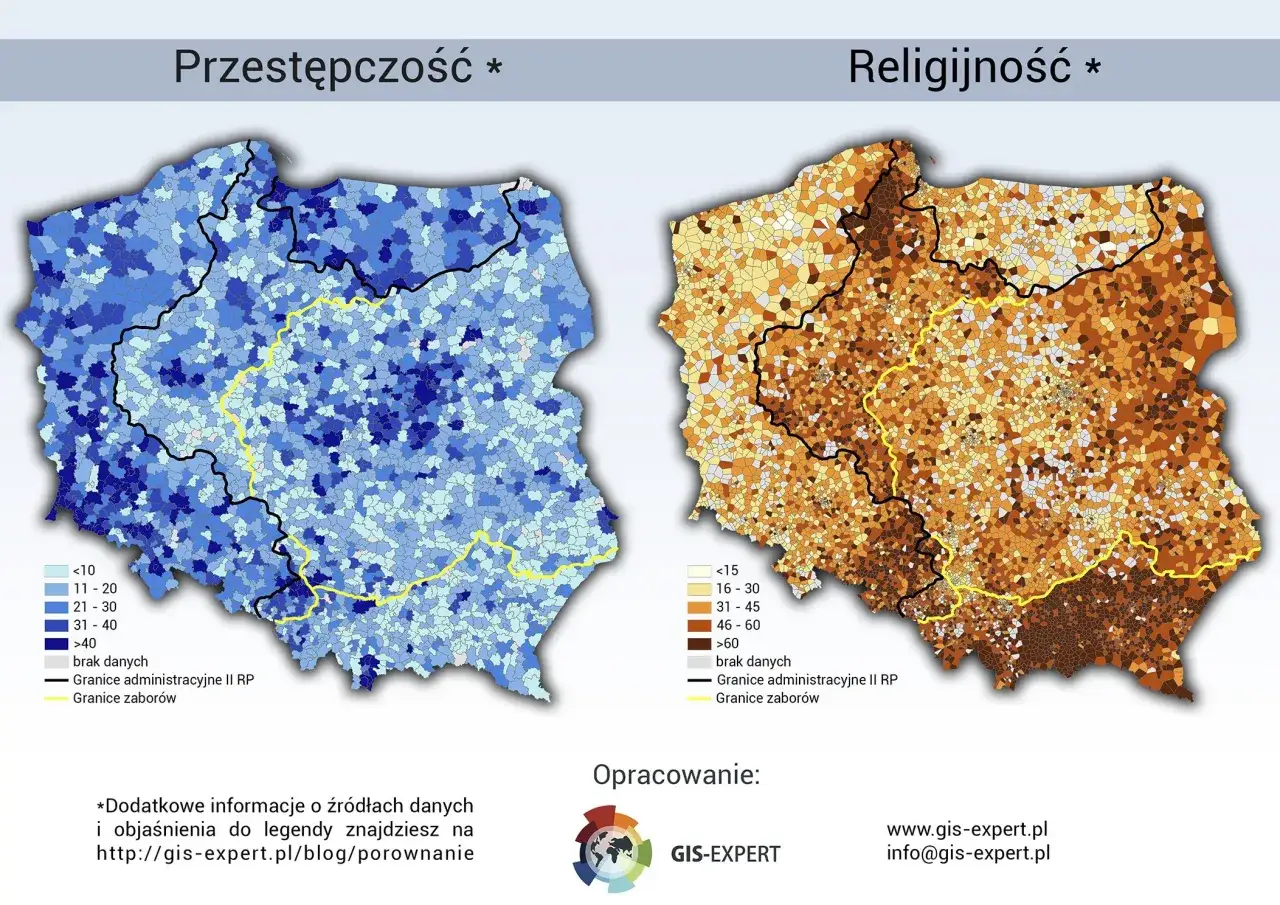 Mapy Polski pokazujące rozkład przestępczości i religijności. Analiza najczęściej popełnianych przestępstw w Polsce.