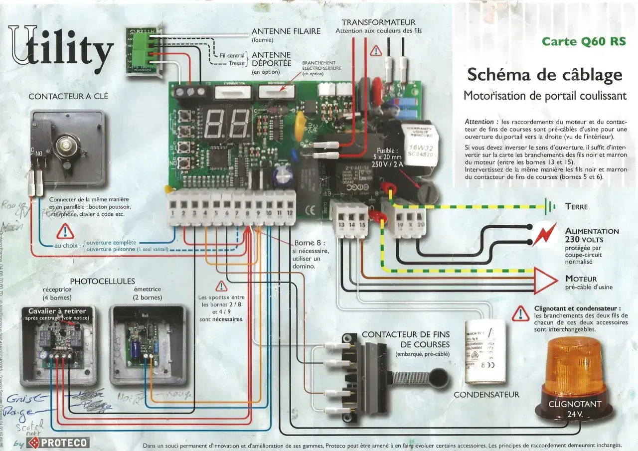 Schéma de câblage pour motorisation de portail coulissant. Le cablage moteur portail coulissant est détaillé avec transformateur, contacteur, photocellules et fins de courses.
