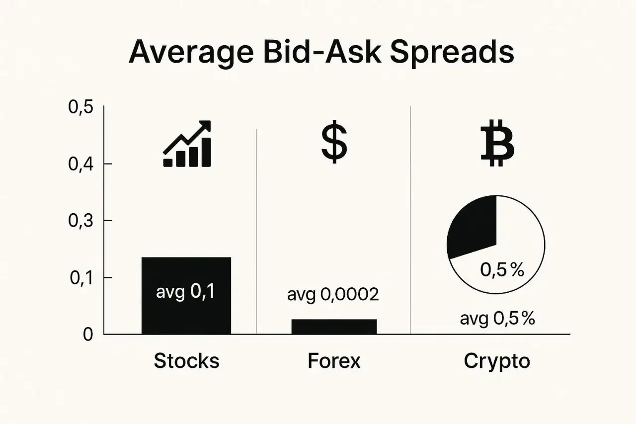 Wykres porównuje średnie **spread co to** dla akcji (0,1), Forex (0,0002) i krypto (0,5%).