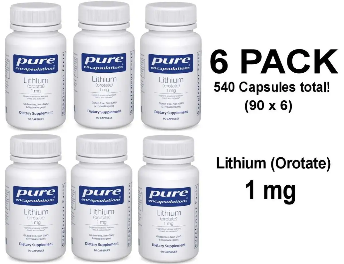 Sześciopak suplementu diety Lithium (orotate) 1 mg od Pure Encapsulations. 540 kapsułek, wsparcie dla nastroju i zachowania.