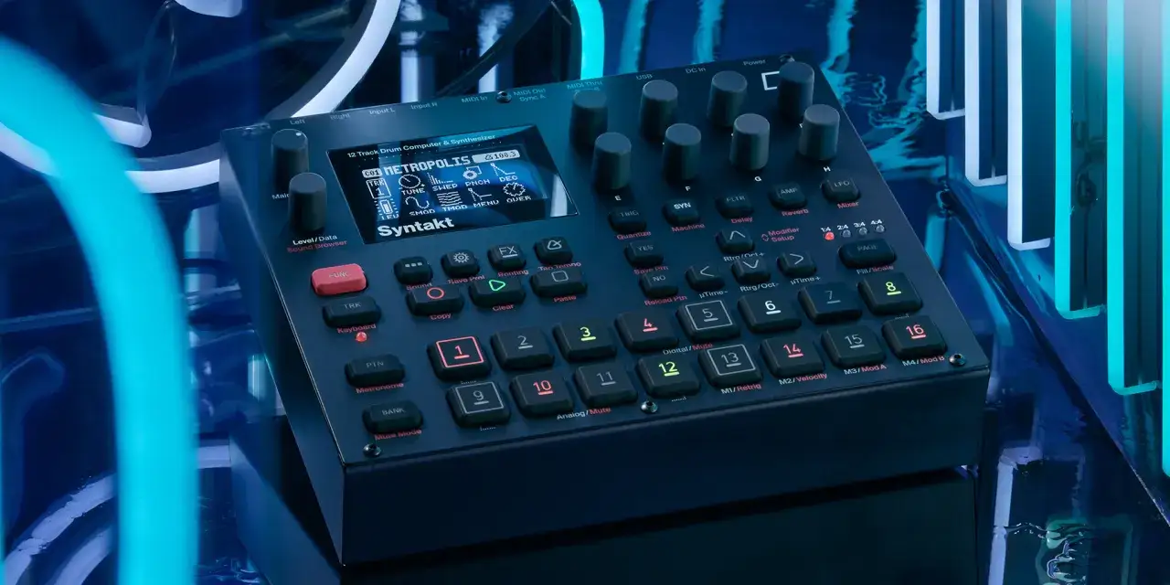 Elektron Syntakt, 12-ścieżkowy syntezator i automat perkusyjny, gotowy do tworzenia dźwięków.