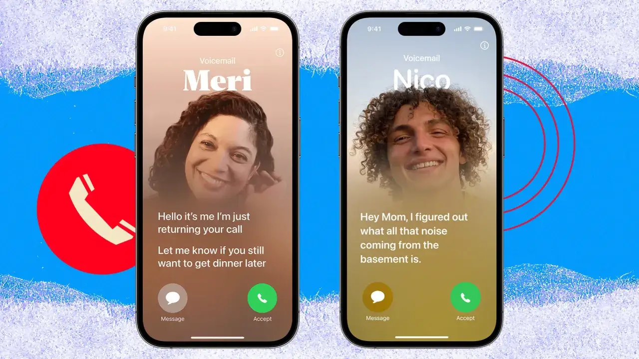 Dwa ekrany telefonu pokazują, jak odsłuchać pocztę głosową. Na jednym Meri, na drugim Nico.