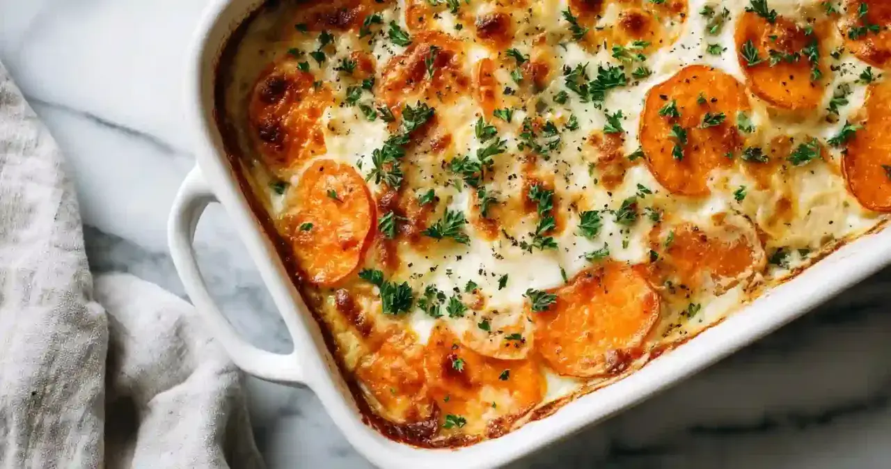Un d&eacute;licieux gratin patate douce cr&eacute;meux, garni de persil frais et de fromage dor&eacute;.