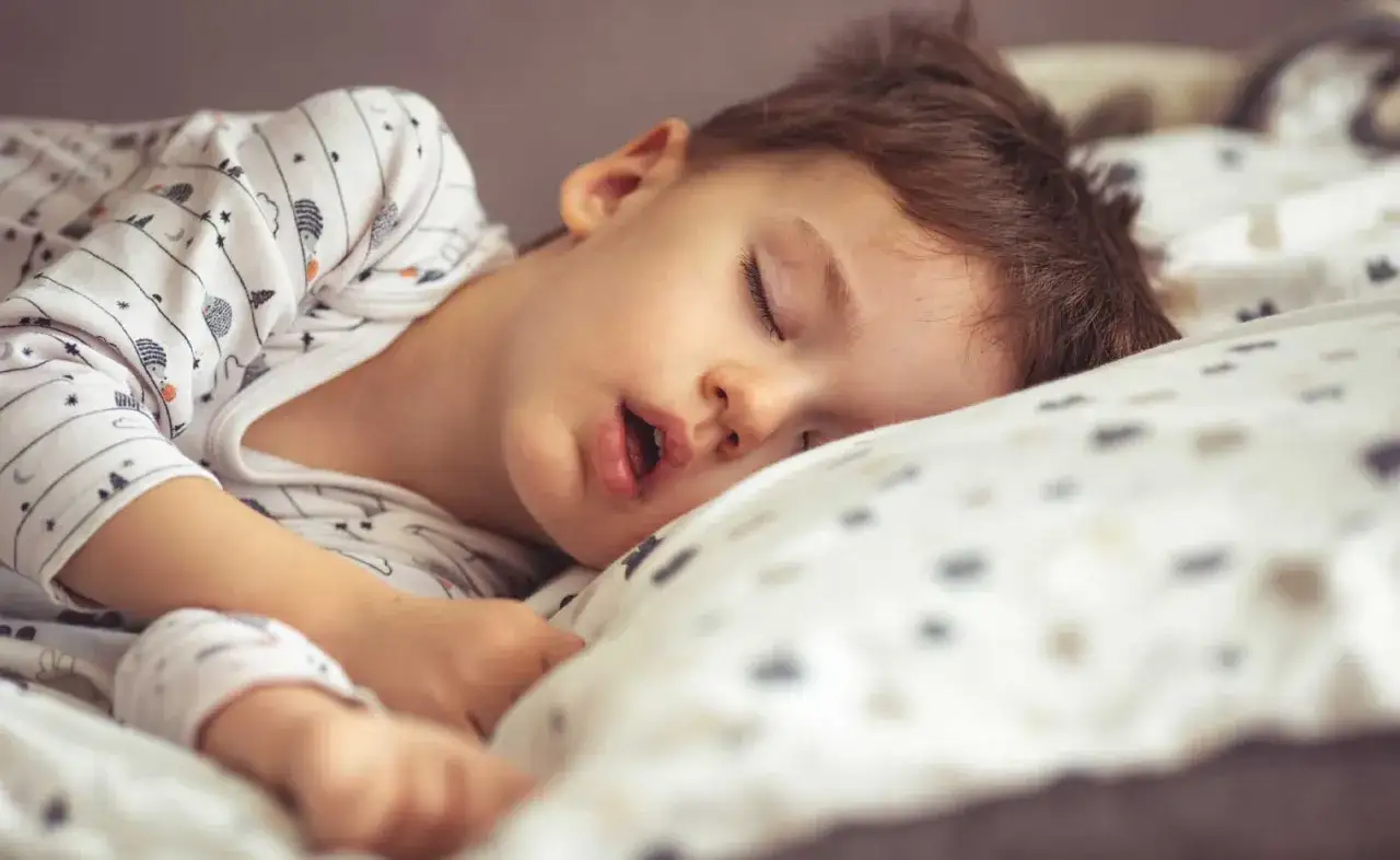 Niño duerme plácidamente, sin el preocupante rechinar dientes niños. Su rostro tranquilo descansa sobre la almohada.