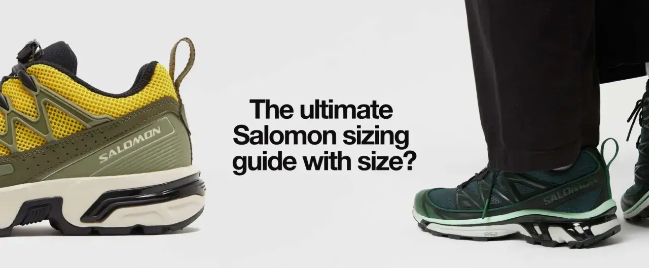 Zapatillas Salomon en primer plano, una verde y amarilla, otra verde y negra. La guía de tallas Salomon te ayuda a elegir tu medida perfecta.