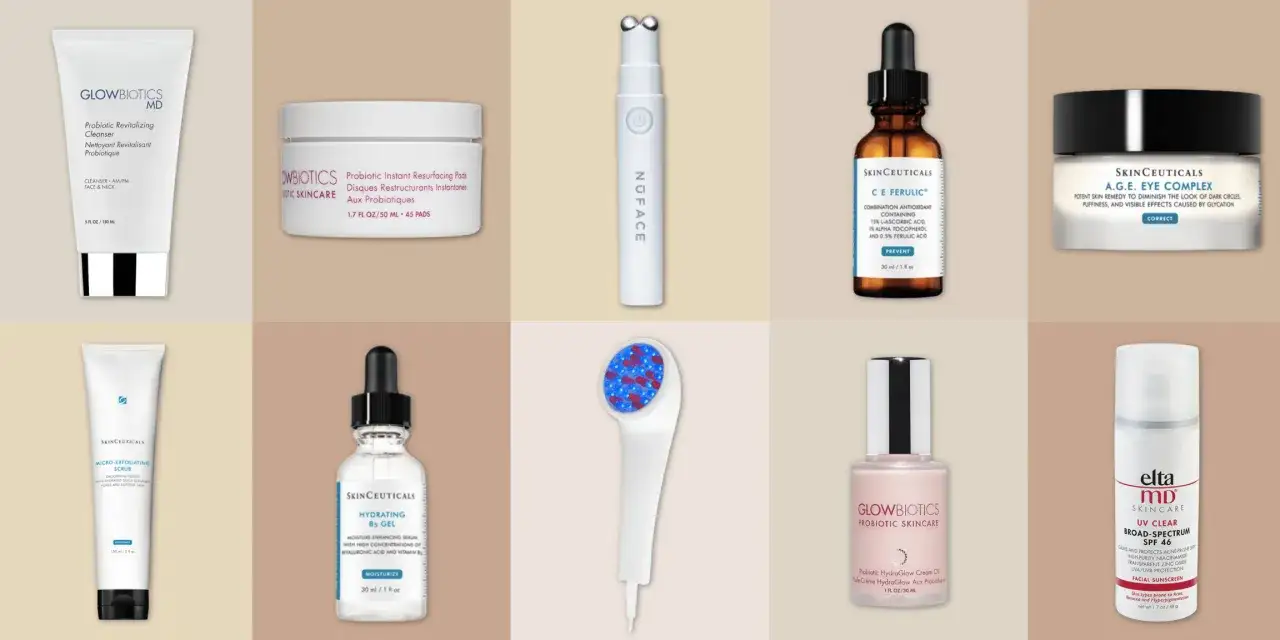Rutina de cuidado de la piel para parecer más joven: limpiador, exfoliante, sérum, crema y protector solar.