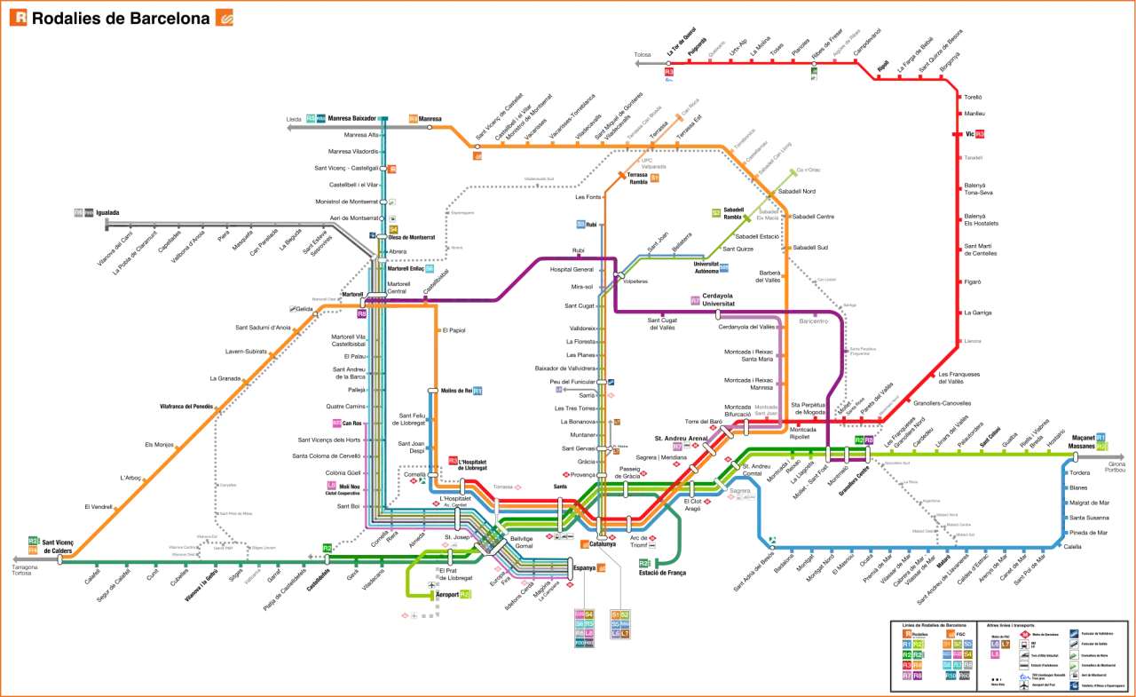 Mapa transportu publicznego w Barcelonie, pokazujący linie kolejowe i stacje, kt&oacute;re łączą r&oacute;żne barcelona dzielnice.