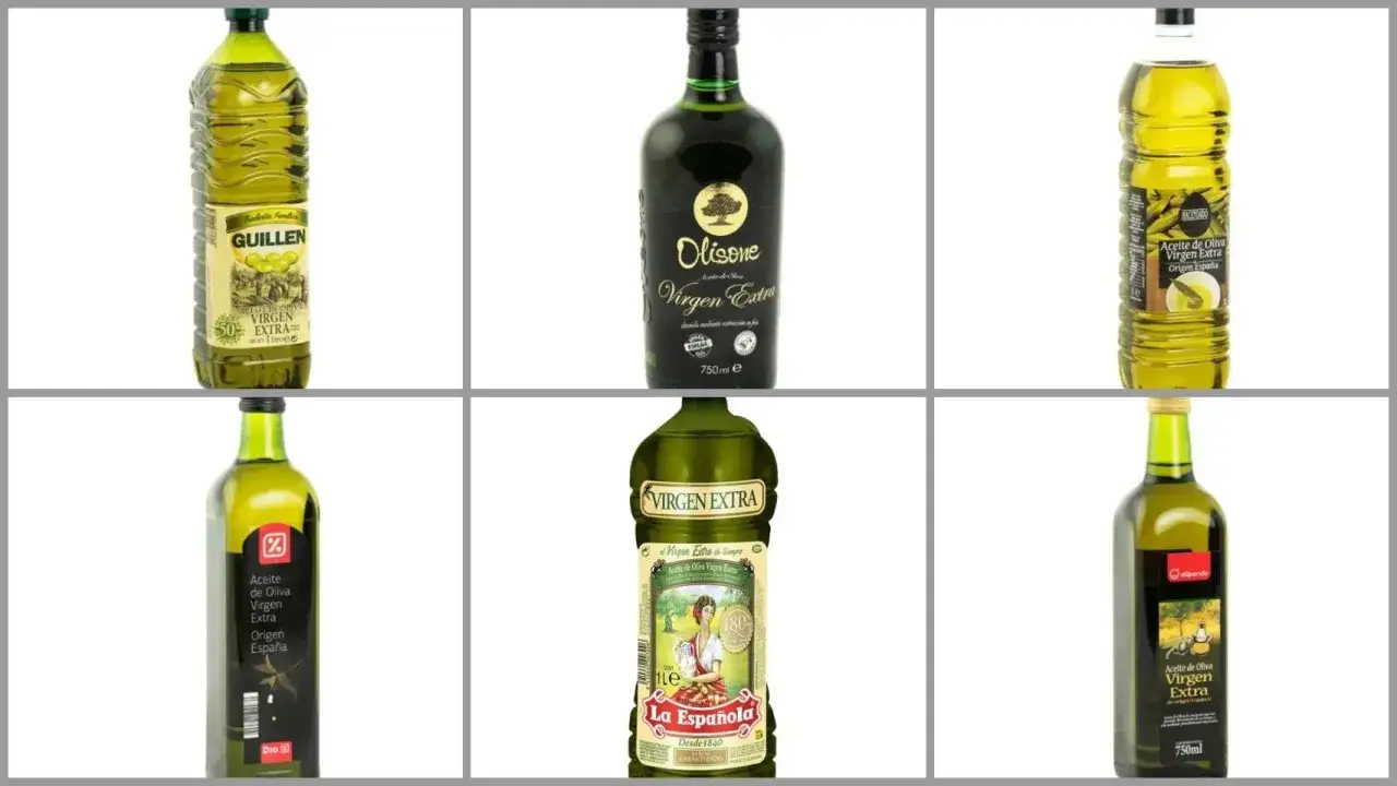 Seis botellas de aceite de oliva virgen extra, un aceite vegetal de calidad superior.