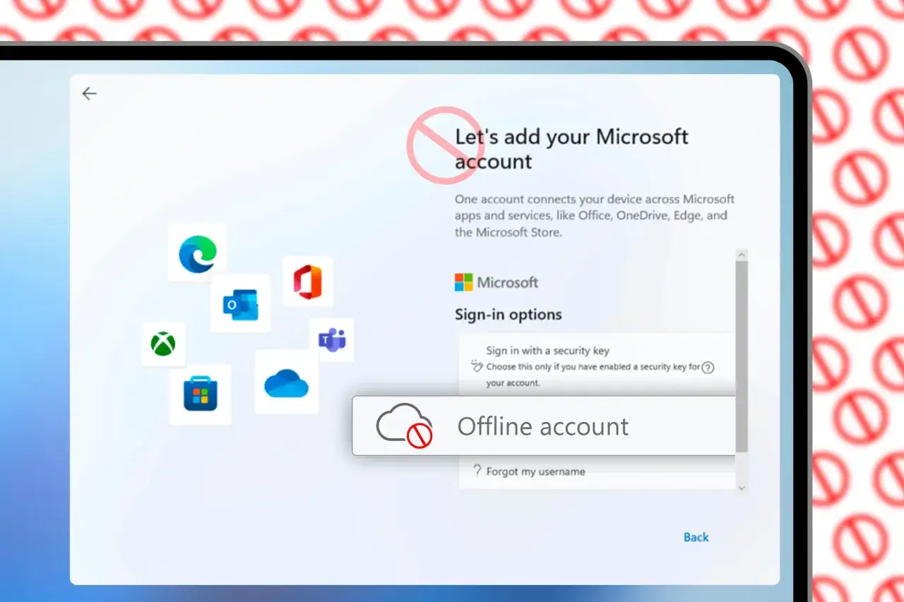 Instalacja Windows 11 bez internetu. Ekran wyboru konta z opcją 