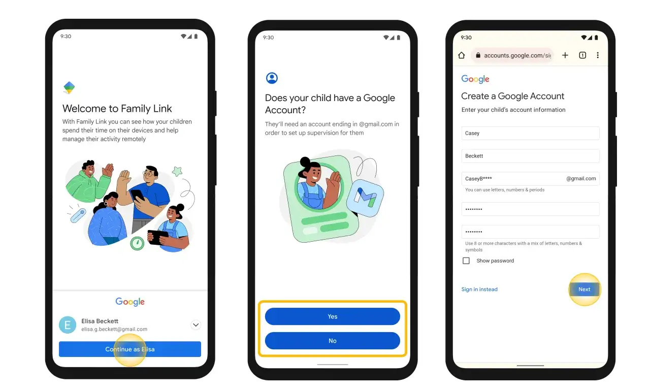 Ekran powitalny Family Link, pytanie o konto Google dziecka i tworzenie nowego konta. Kontrola rodzicielska Google w akcji.