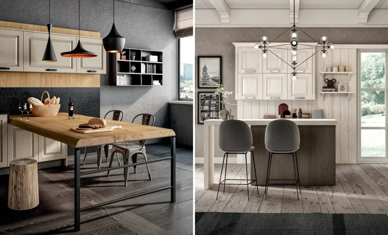 Due cucine moderne con idee su come posizionare il tavolo in cucina: un tavolo in legno massello con sedie industriali e un'isola con sgabelli.