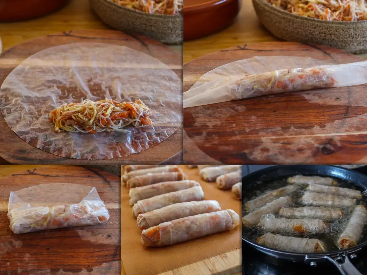 Steg f&ouml;r steg hur man rullar v&aring;rrullar. Fyllning av gr&ouml;nsaker och nudlar p&aring; rispapper, rullas och friteras sedan i olja. Ett enkelt v&aring;rrullar recept.
