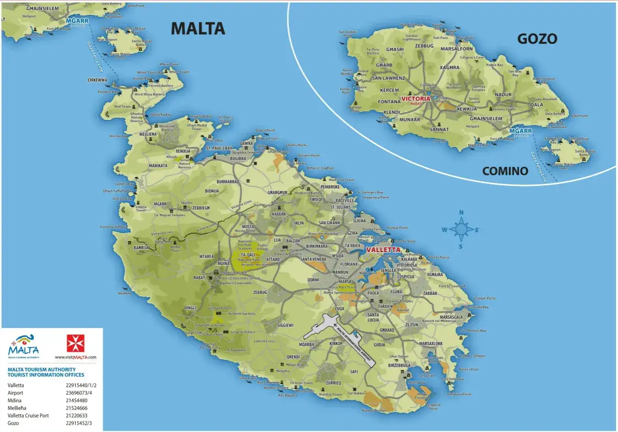 Mappa di Malta, Gozo e Comino con indicazioni per dove dormire. Trova la tua sistemazione ideale tra città, spiagge e siti storici.
