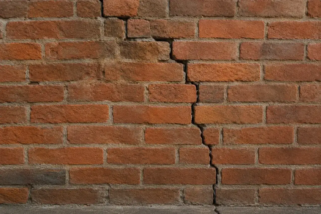 Mur en briques rouges avec une fissure importante. Le **prix piquage et rejointoiement** sera à considérer pour cette réparation.