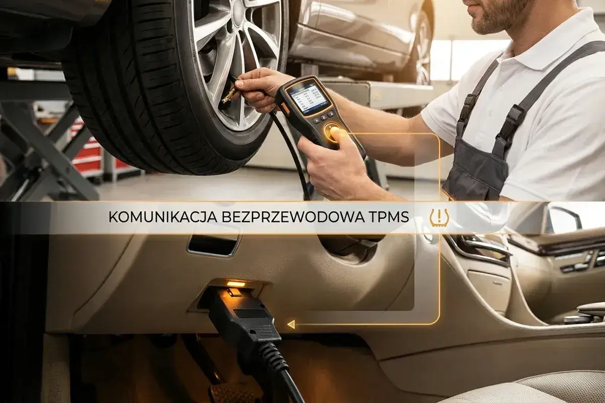 Mechanik używa urządzenia do programowania czujników TPMS, podłączając je do portu OBD samochodu.