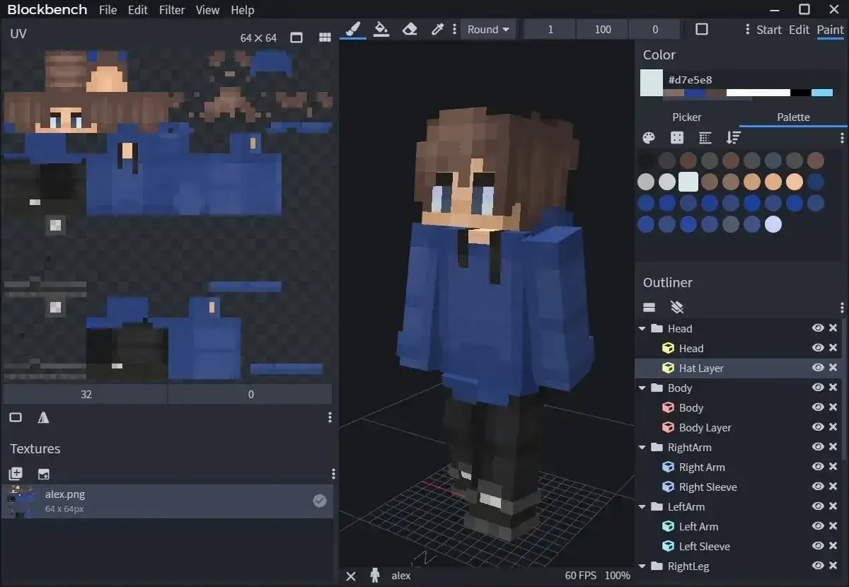 Program Blockbench pokazuje, jak zrobic skina w mc. Widoczny jest edytor tekstur i model postaci z niebieską bluzą.