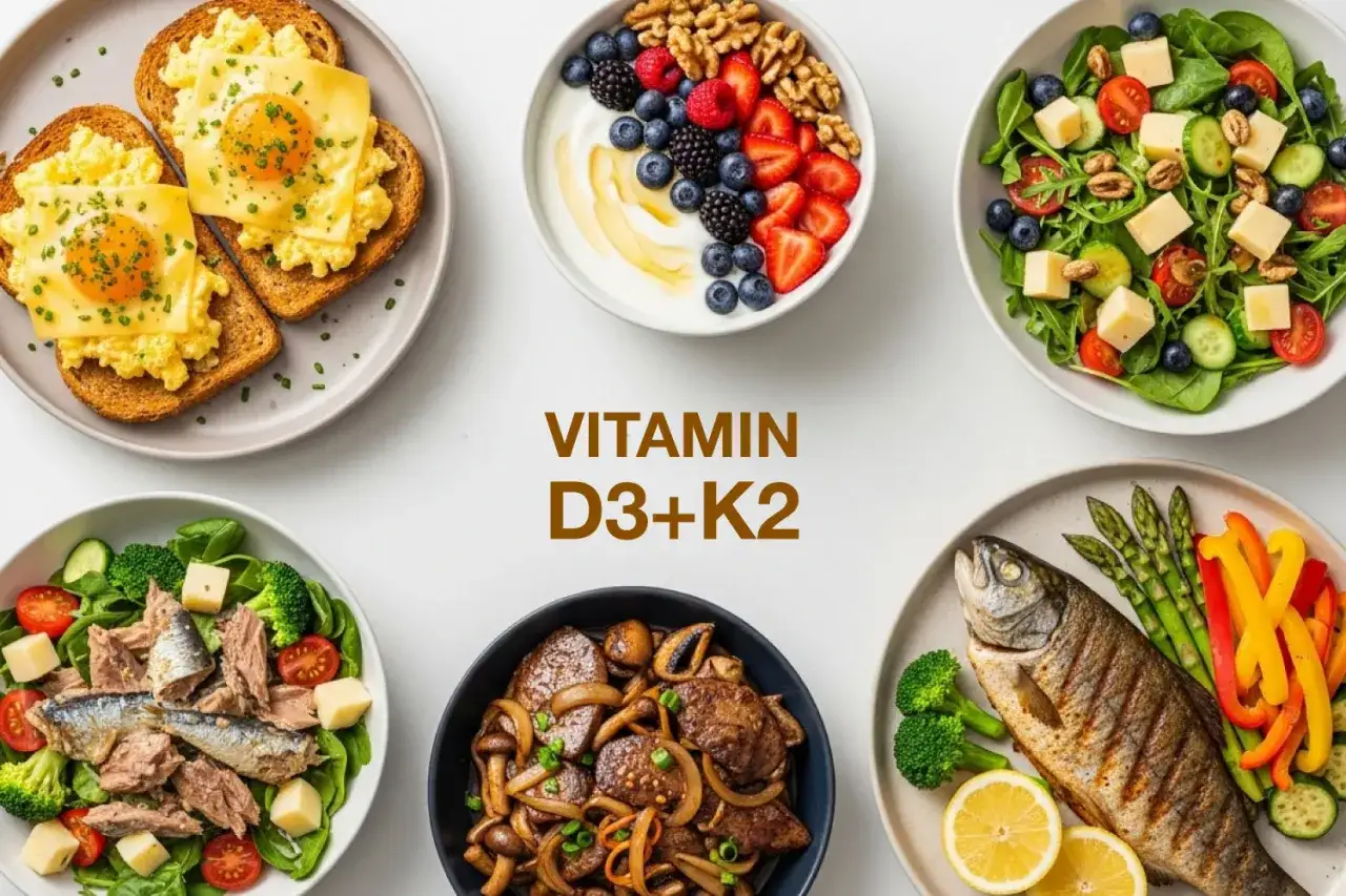 Vitamina D3 e K2: colazione con uova e toast, yogurt con frutti di bosco, insalata, pesce e carne con funghi.