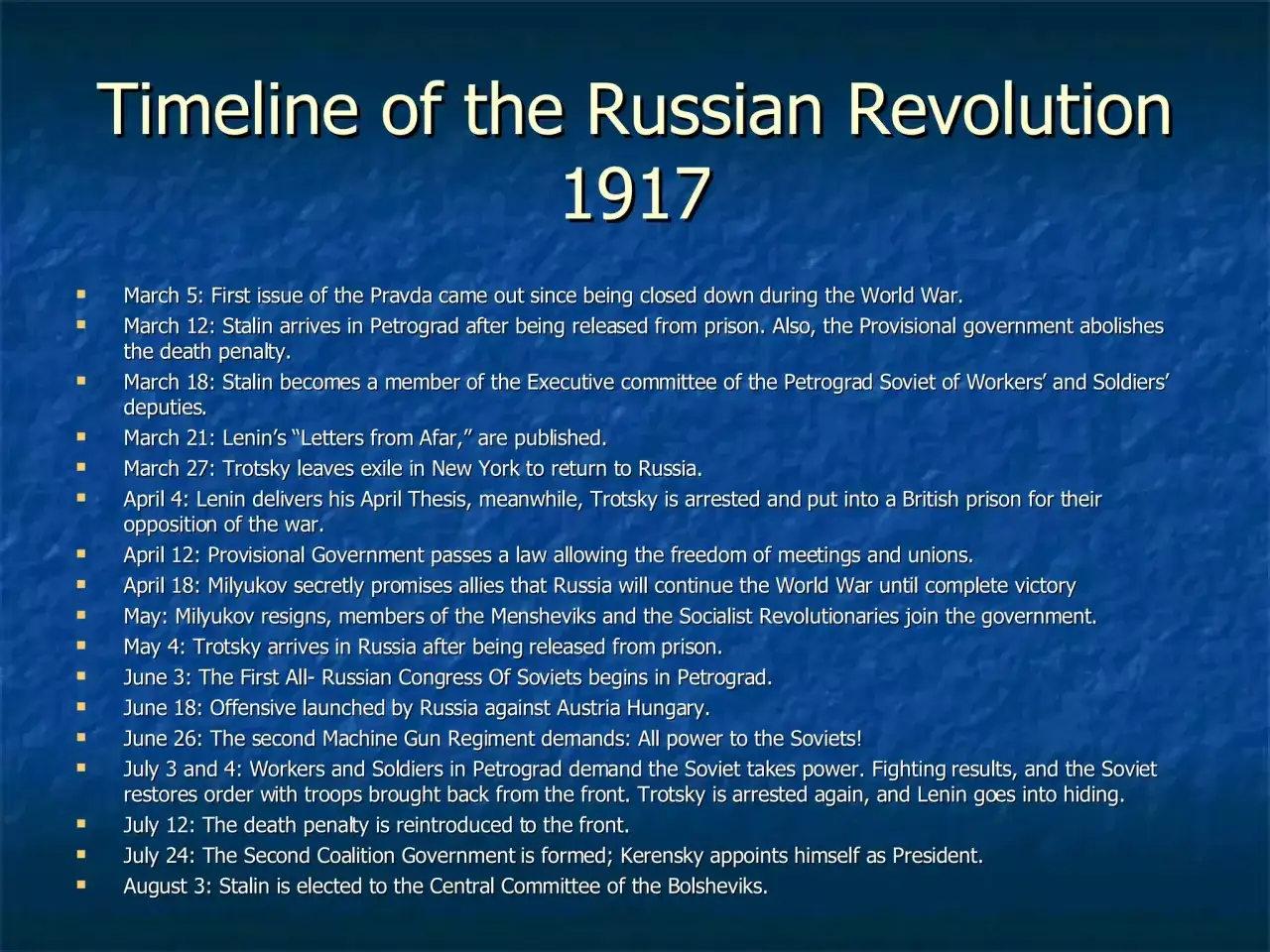 Tidslinje för ryska revolutionen 1917. Viktiga händelser som Stalins ankomst, Lenins teser och Trotskijs arrestering.