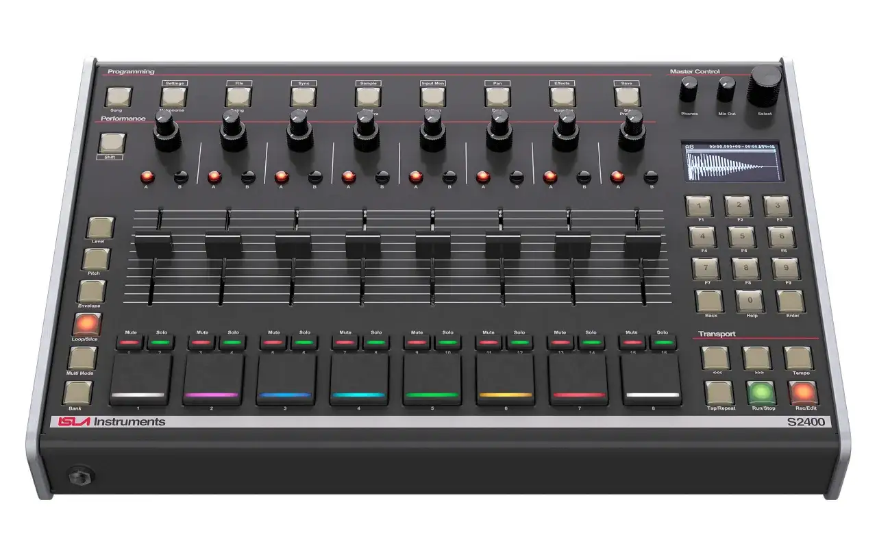 The Isla S2400 sampler, a powerful music production tool, features a sleek black design with illuminated buttons and faders for intuitive control.