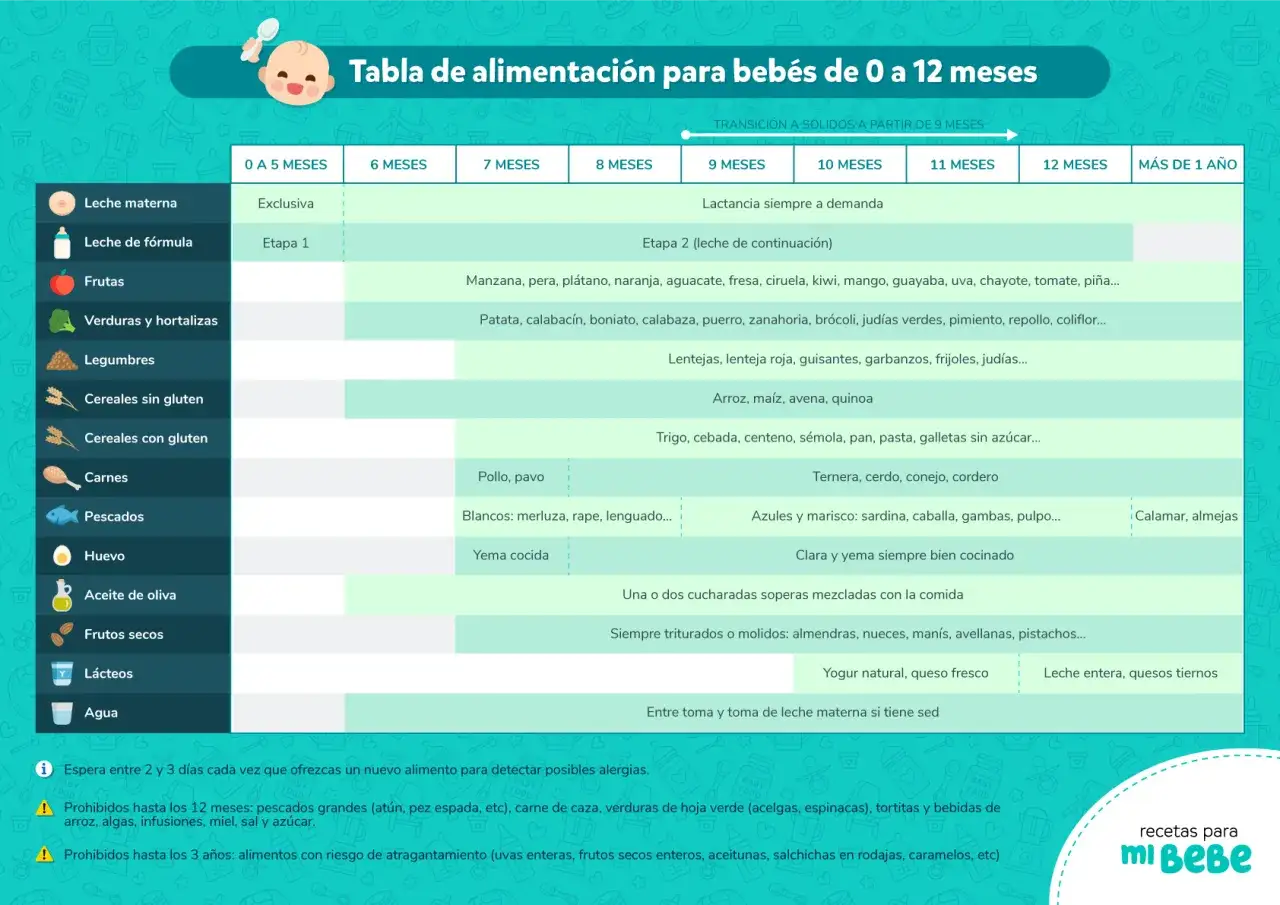 Tabla de alimentación complementaria para bebés de 0 a 12 meses, con alimentos recomendados por edad.