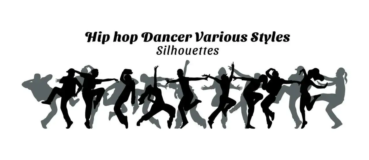 Silhouettes of dancers in various dynamic poses, showcasing the vibrant energy of hip hop culture art.