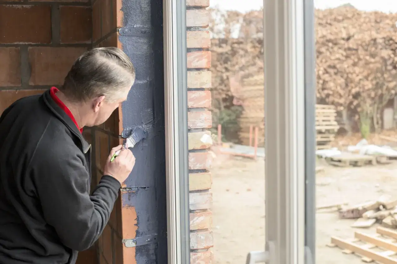 Mężczyzna maluje futrynę okienną. Sprawdź, jaka jest montaż drzwi cena i jak uzyskać najlepszą ofertę.