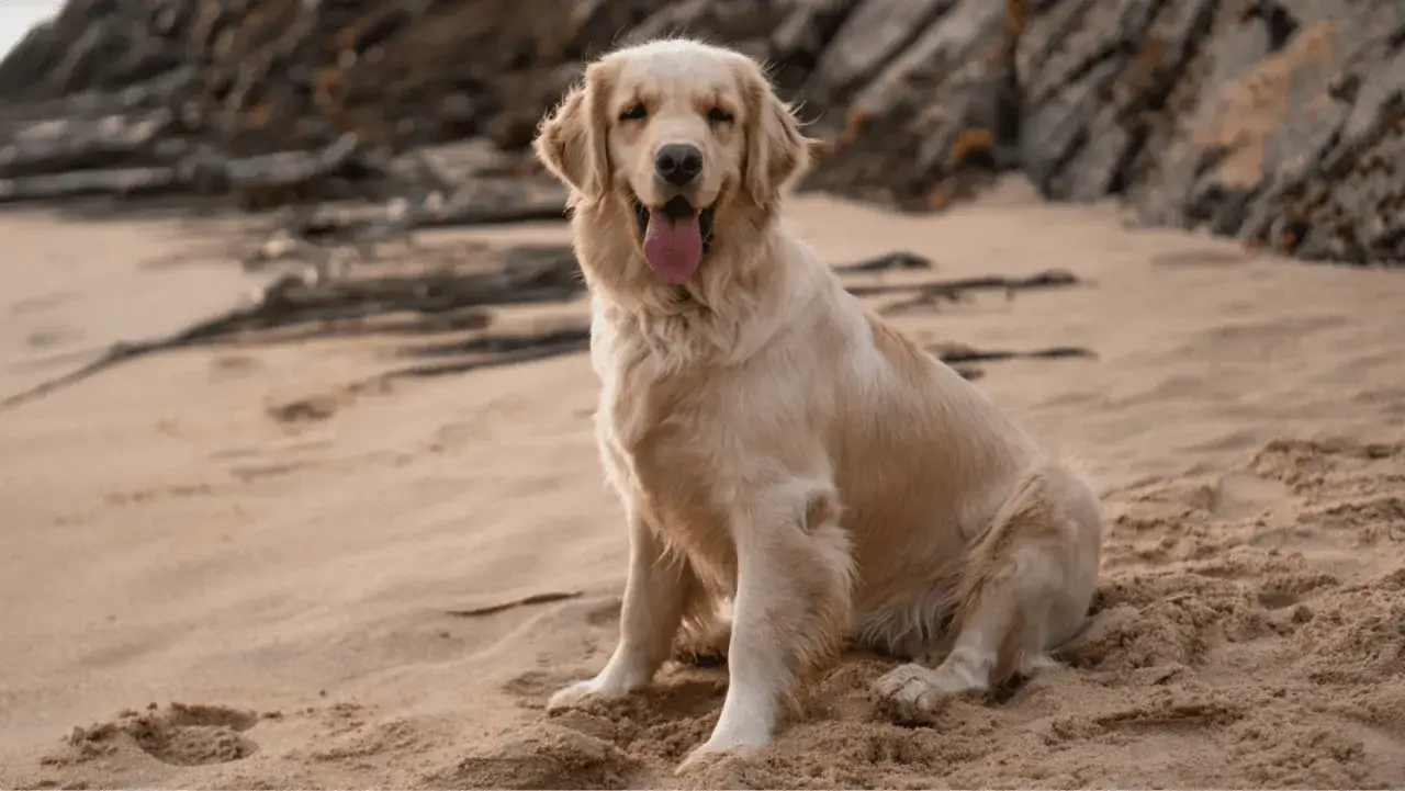 Uśmiechnięty golden retriever mix siedzi na piaszczystej plaży, z językiem na wierzchu.