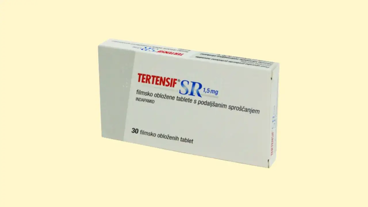 Opakowanie leku Tertensif SR 1,5 mg z indapamidem, 30 tabletek o przedłużonym uwalnianiu. Nebilenin nie jest widoczny.