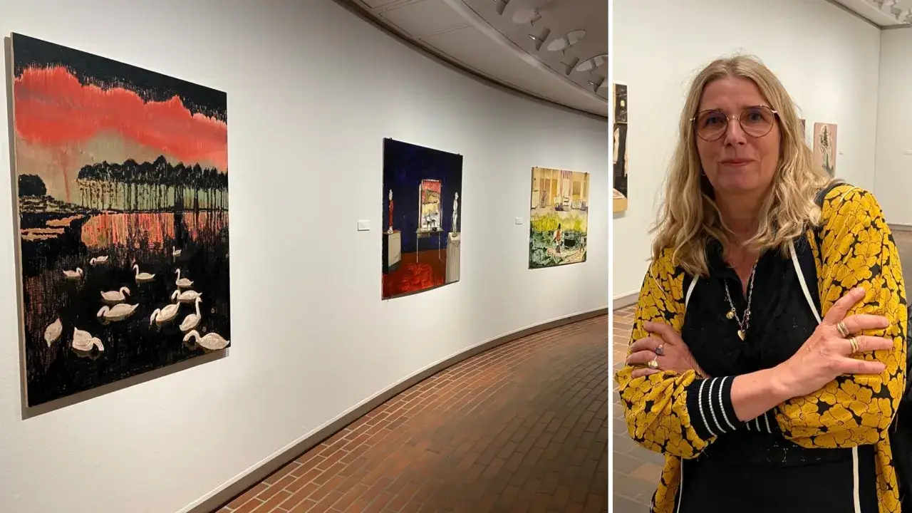 Mamma Andersson vid sin utst&auml;llning p&aring; Louisiana. Konstverk med svanar och interi&ouml;rer.