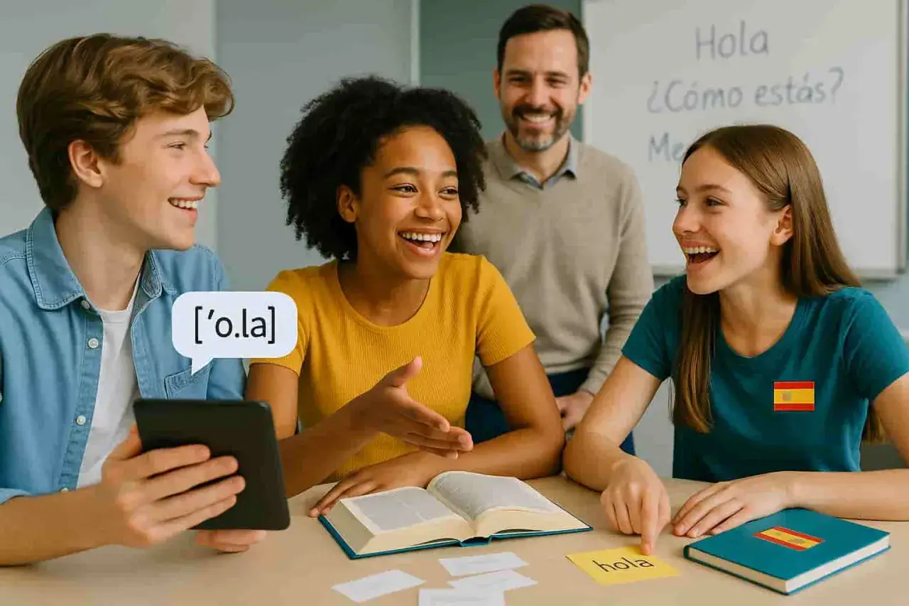 Sch&uuml;ler lernen die Aussprache Spanisch. Ein Lehrer l&auml;chelt, w&auml;hrend die Sch&uuml;ler lachen und &uuml;ben.
