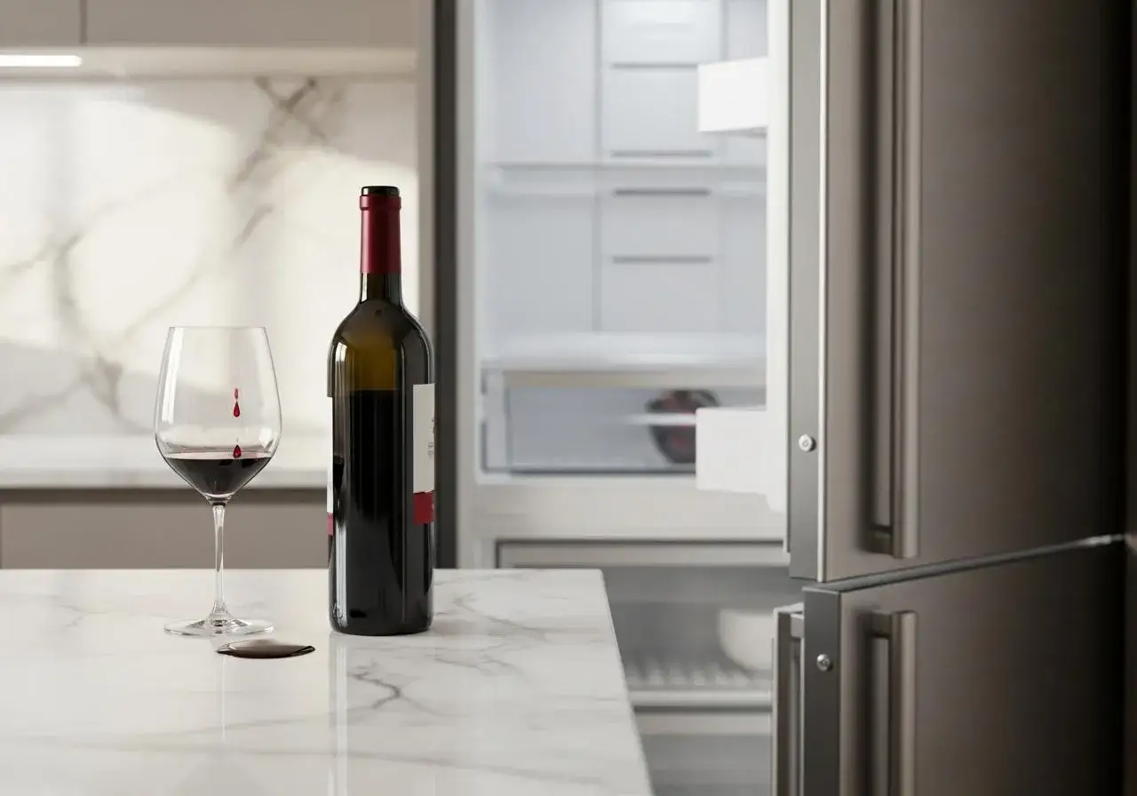 Verre de vin rouge ouvert, une bouteille à côté, et un réfrigérateur entrouvert. La conservation du vin rouge ouvert est essentielle pour préserver ses arômes.