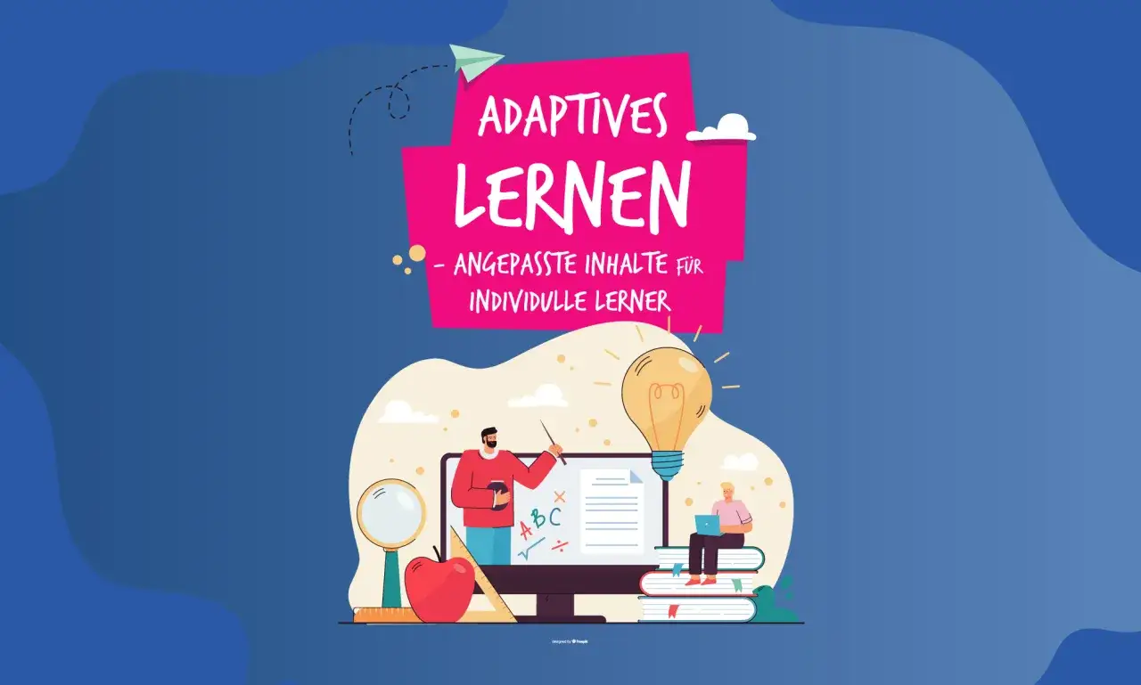 Lehrer erklärt adaptives Lernen am Computer. Ein Schüler lernt auf Büchern sitzend.