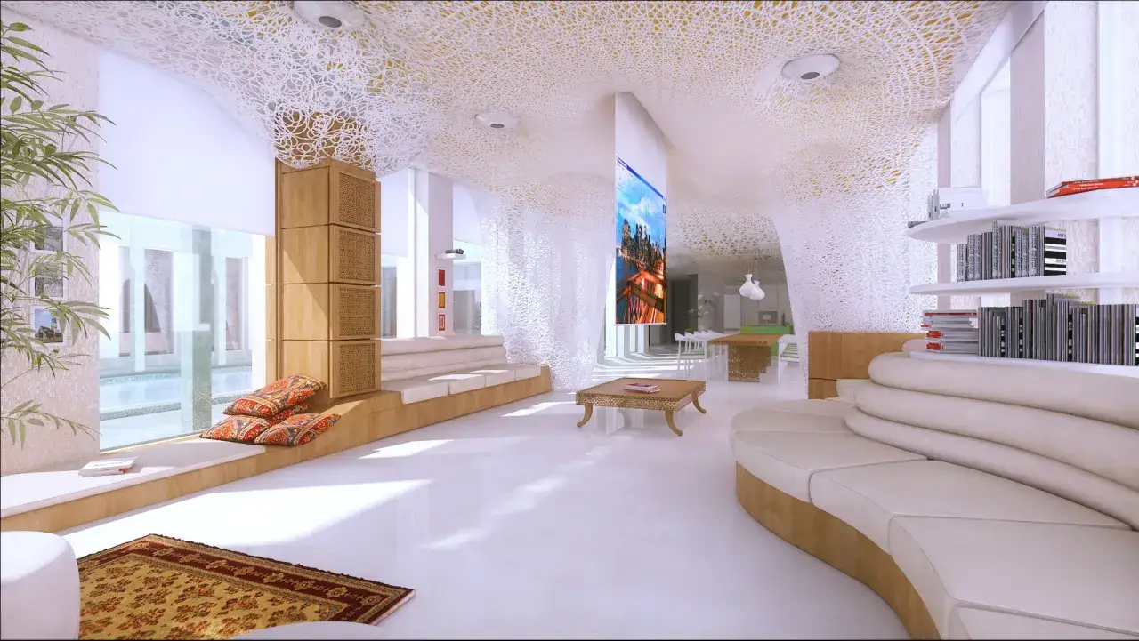 Un dise&ntilde;ador de interiores crea espacios modernos y luminosos, con muebles curvos, estanter&iacute;as y un techo calado.