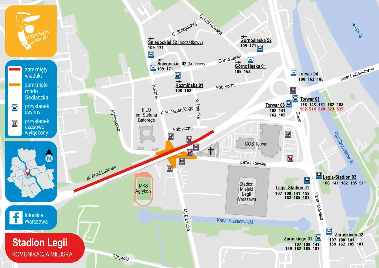 Mapa komunikacji miejskiej w Warszawie, pokazująca przystanki autobusowe, w tym autobus 162, w okolicach Stadionu Legii.