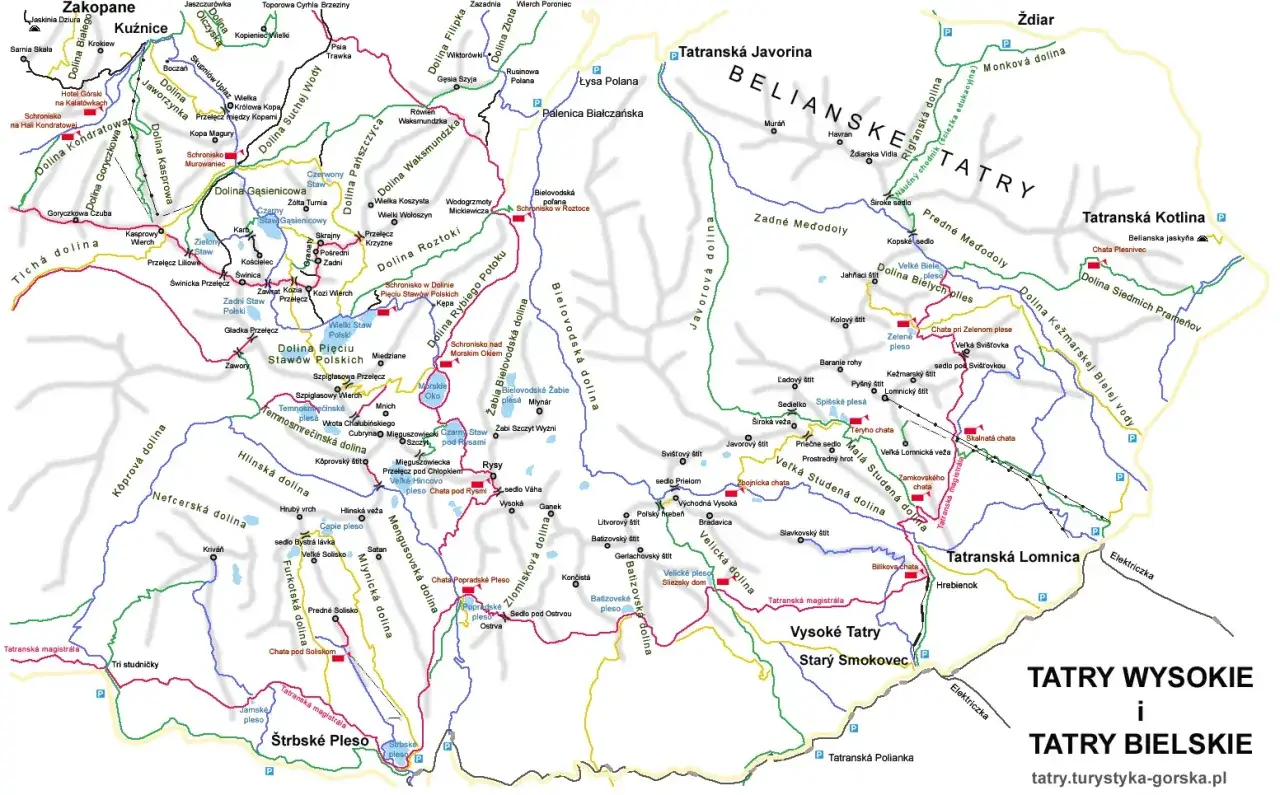 Mapa poronin szlaki turystyczne. Znajdziesz tu Tatry Wysokie i Bielskie, z zaznaczonymi dolinami, szczytami i schroniskami.