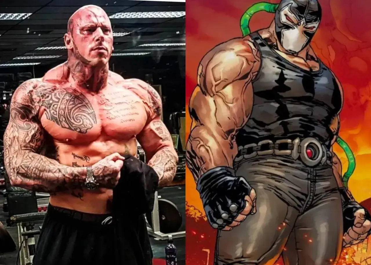 Martyn Ford, bodybuilder et acteur, ressemble à Bane dans les films. Musclé, tatoué, il incarne la force brute.
