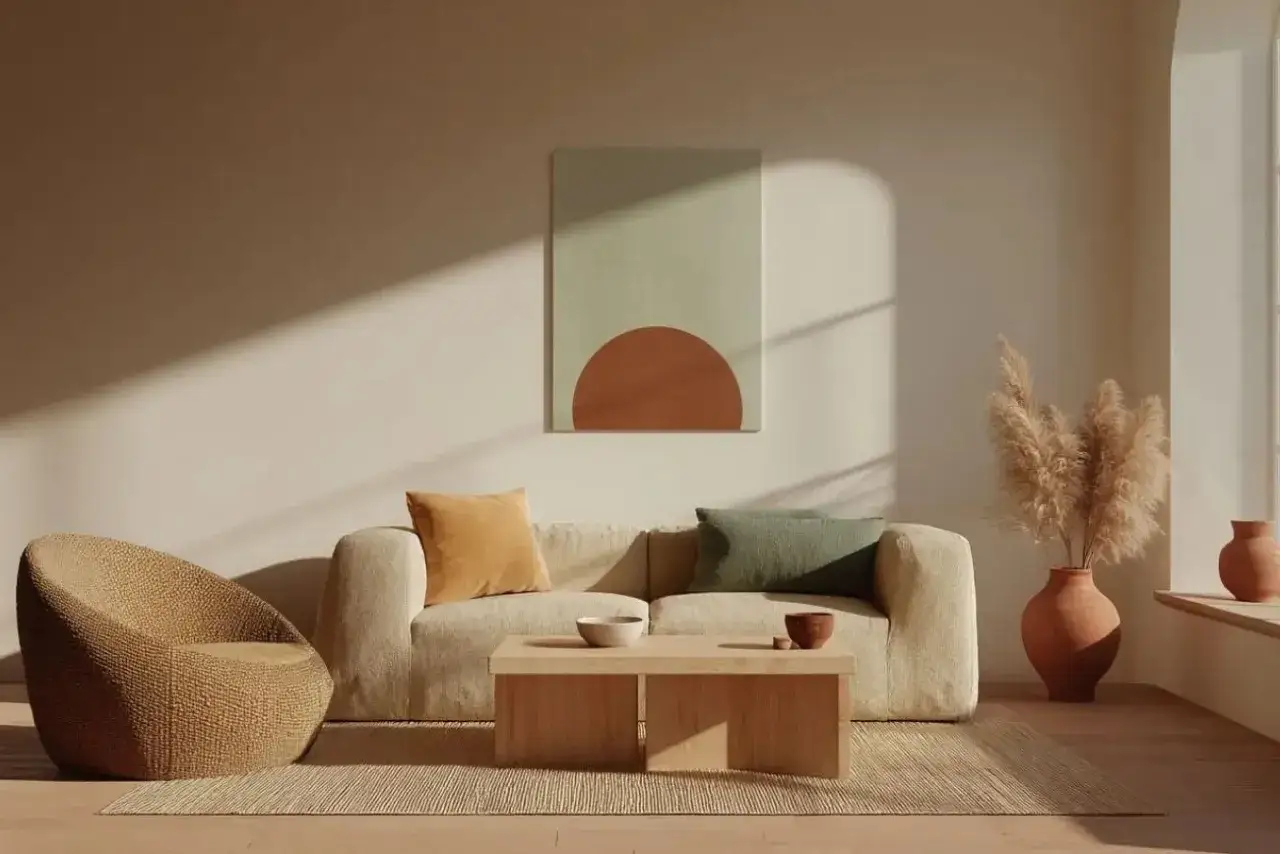 Gemütliches Wohnzimmer im **Japandi Stil** mit beigem Sofa, Korbsessel und Holztisch. Warme Farben und natürliche Materialien schaffen eine Oase der Ruhe.