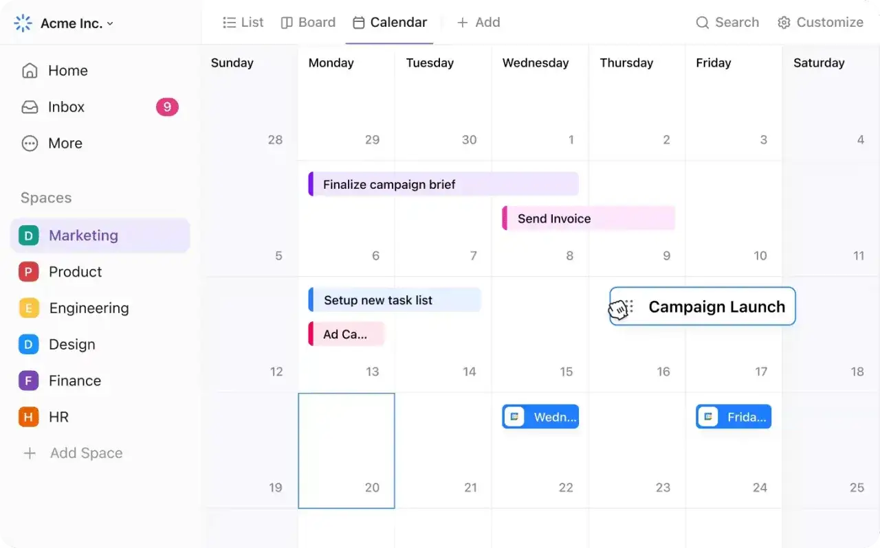 Calendrier d'application planning partag&eacute;. La vue montre des t&acirc;ches comme 