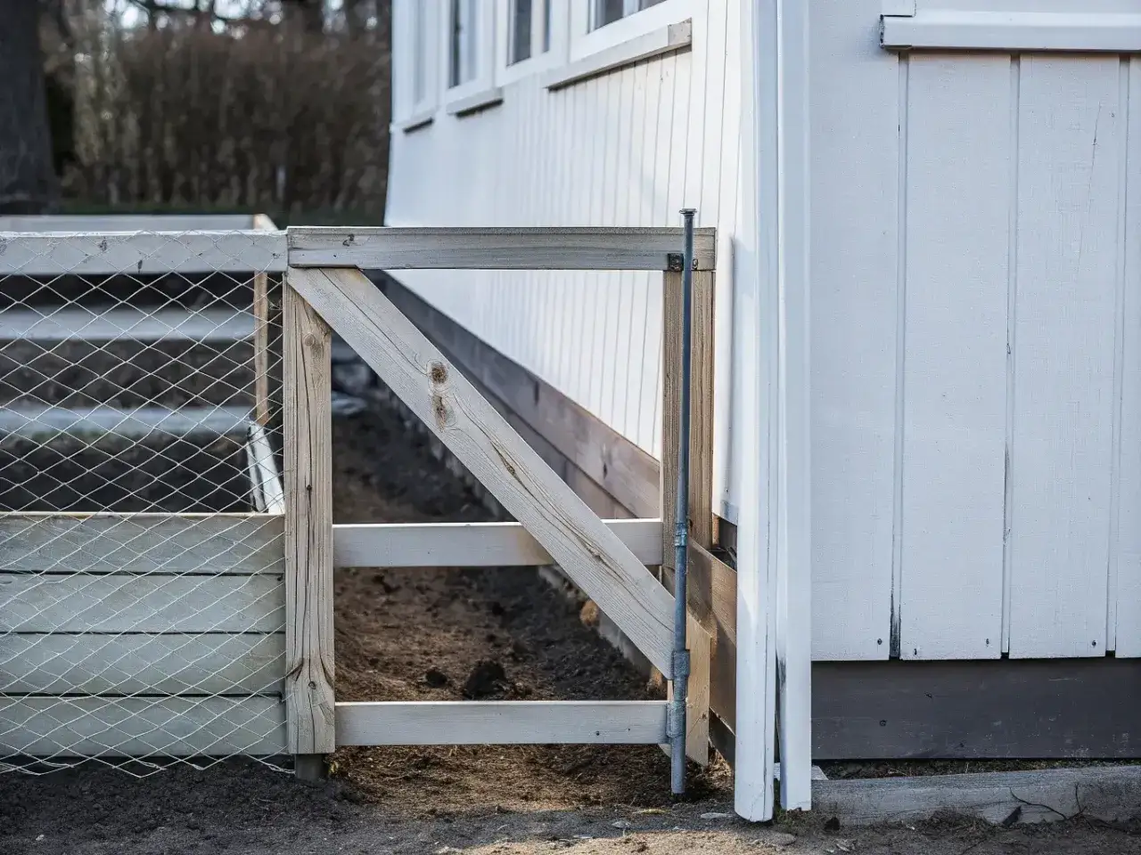 Enkel grind i trä, perfekt för att bygga billigt staket. Nät och trä ger en rustik känsla vid huset.