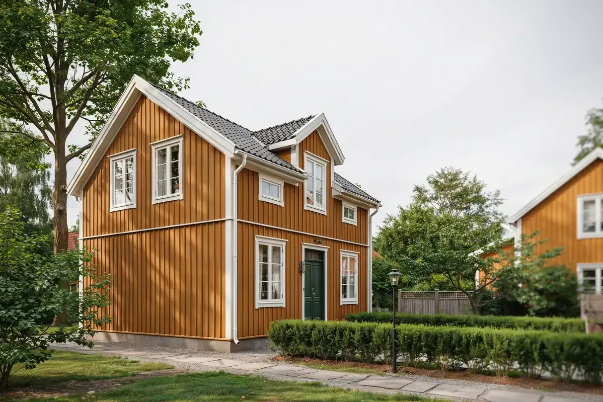 Ett vackert gult trähus med vita knutar, redo att måla om huset för en fräsch look. Grönskande träd och en välskött häck ramar in.