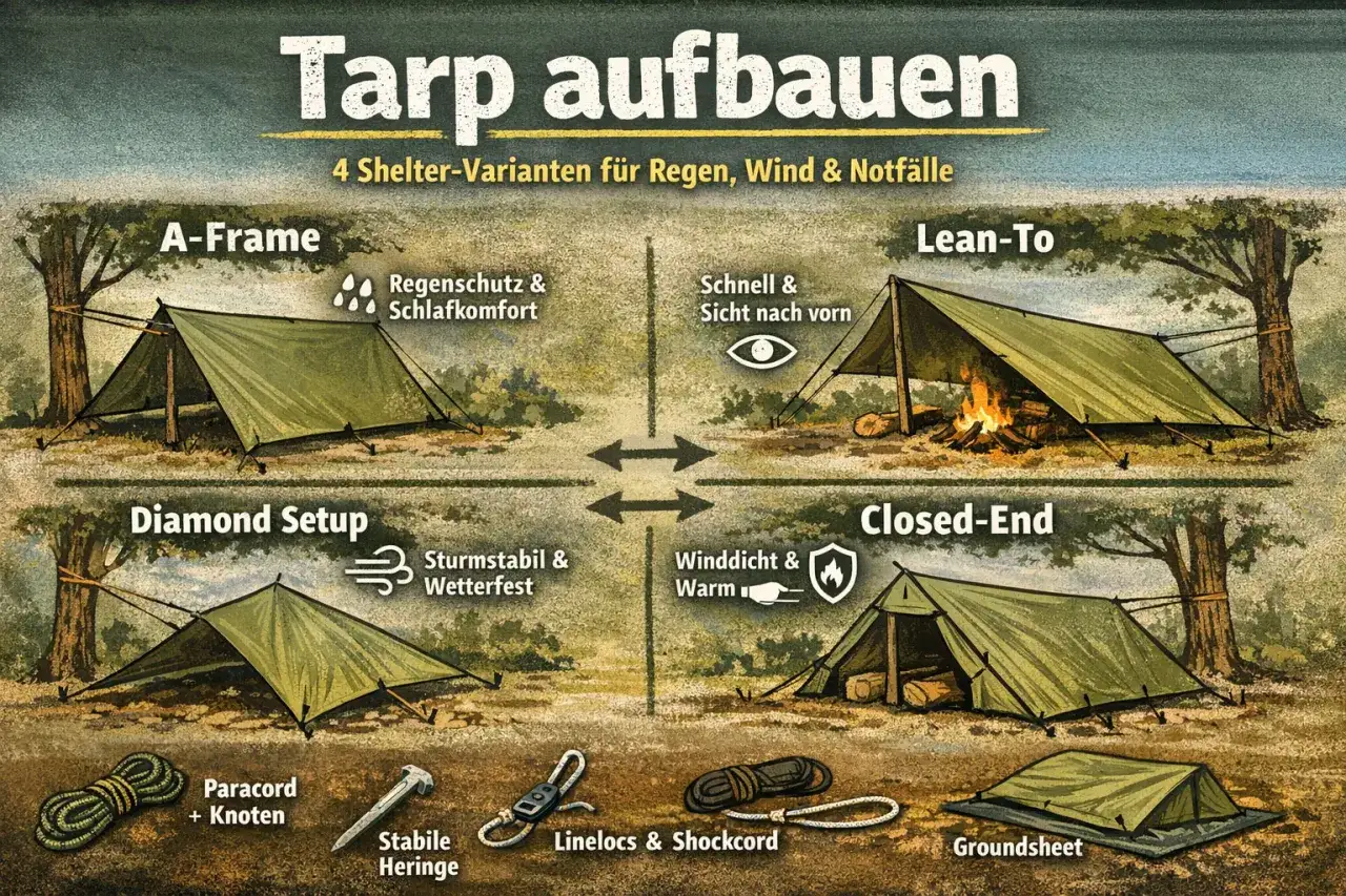 Tarp aufbauvarianten: A-Frame, Lean-To, Diamond Setup, Closed-End. Zeigt vier verschiedene Schutzunterk&uuml;nfte f&uuml;r Outdoor-Abenteuer.