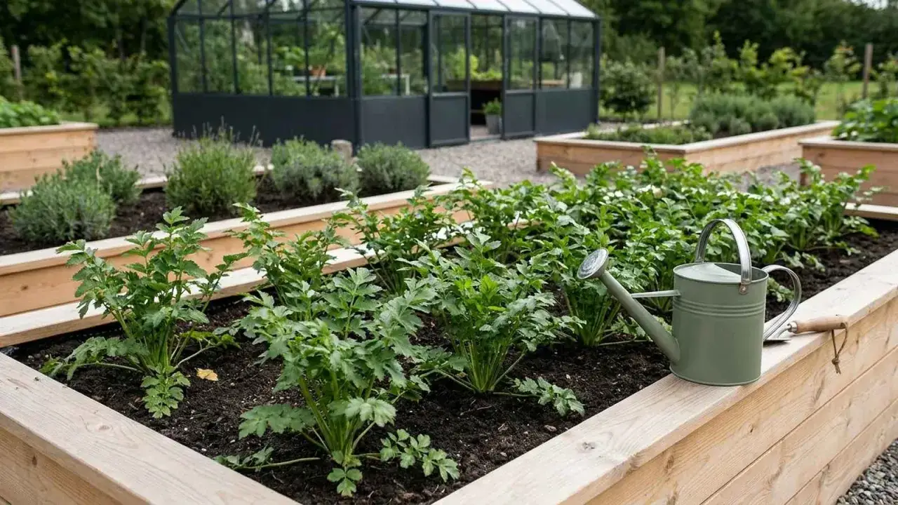 En gr&ouml;n vattenkanna st&aring;r bredvid ett upph&ouml;jt b&auml;dd med frodigt gr&ouml;na plantor, redo att odla palsternacka. Ett v&auml;xthus syns i bakgrunden.