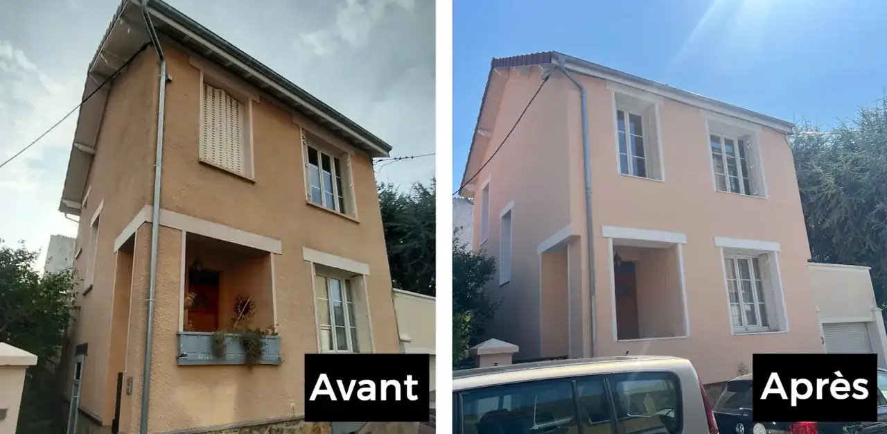Avant/Après : une maison rénovée, avec une nouvelle façade plus claire et des fenêtres modernisées. L'isolation par l'extérieur a transformé l'aspect du bâtiment.