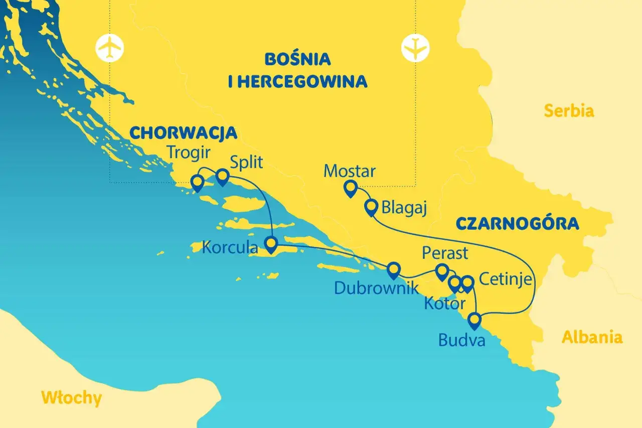Mapa pokazuje trasę podr&oacute;ży przez Chorwację, Bośnię i Hercegowinę, aż do Czarnog&oacute;ry, z zaznaczonymi miastami jak Split, Mostar, Dubrownik i Kotor.