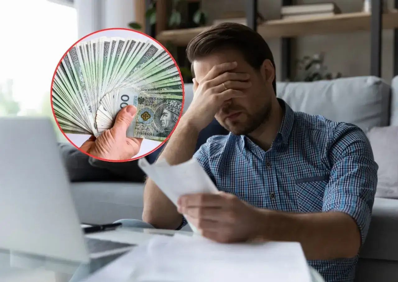 Zastanawiasz się, jak zgłosić darowiznę? Mężczyzna zmartwiony trzyma rachunki, a w tle widać stos banknotów.