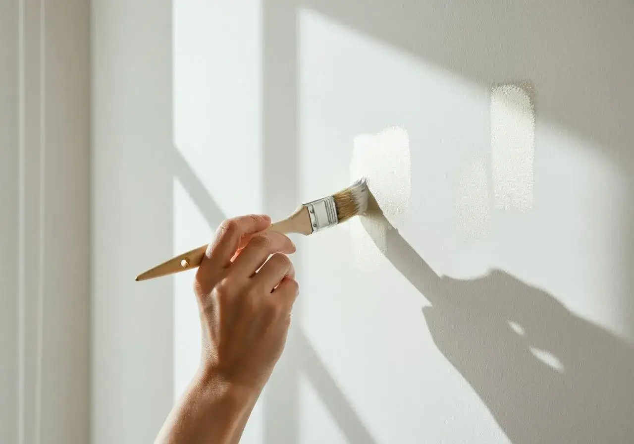 Hand testet mit Pinsel verschiedene Weißtöne an einer Wand. Muss man immer die ganze Wand streichen?