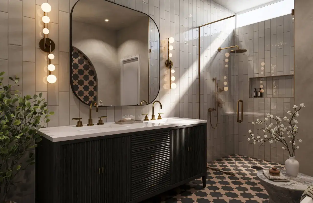 Salle de bain moderne avec un grand miroir au-dessus du lavabo, des robinets dor&eacute;s et un &eacute;clairage d'ambiance.