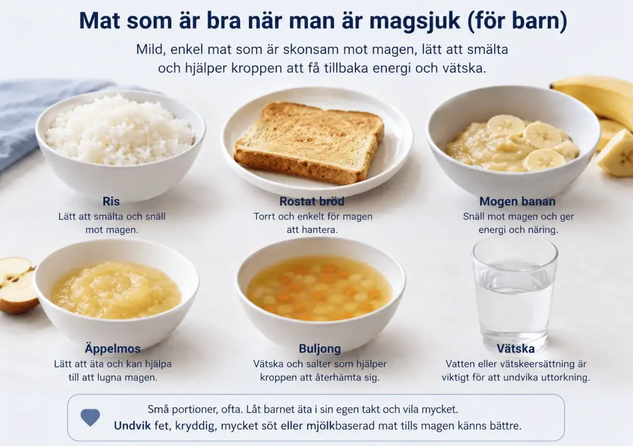 Ris, rostat br&ouml;d, banan, &auml;ppelmos, buljong och v&auml;tska &auml;r bra vid magsjuka hos barn. Skonkost f&ouml;r att &aring;terh&auml;mta sig.